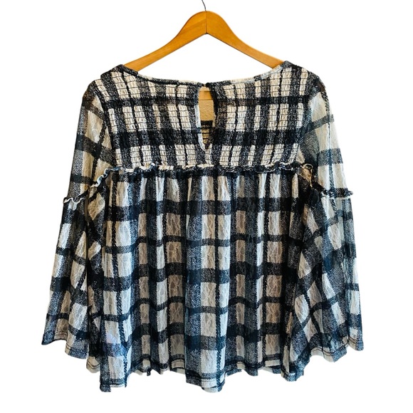 AKEMI + KIN Patrizia Sheer Buffalo Check Plaid Long Sleeve Top Black White XS - Picture 6 of 9